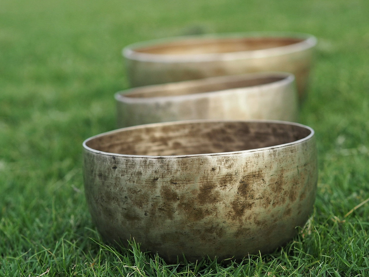 Photo of Tibetan singing bowls on grass 