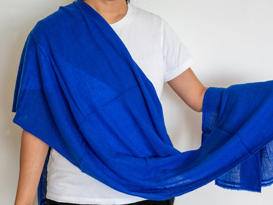 Kunga displaying blue cashmere shawl