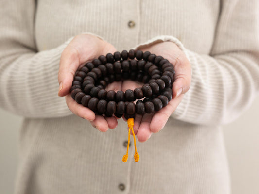 Person holding a brown Bodhi mala prayer bead rosary with a beige sweater.