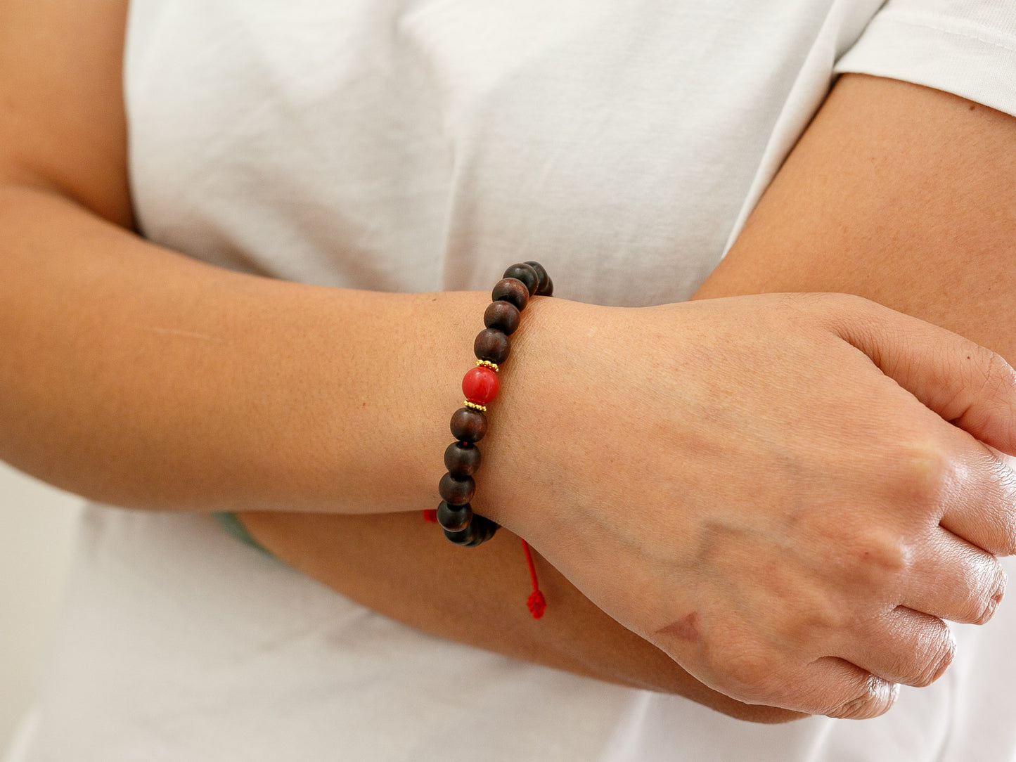 Rosewood and Coral Mala Bracelet