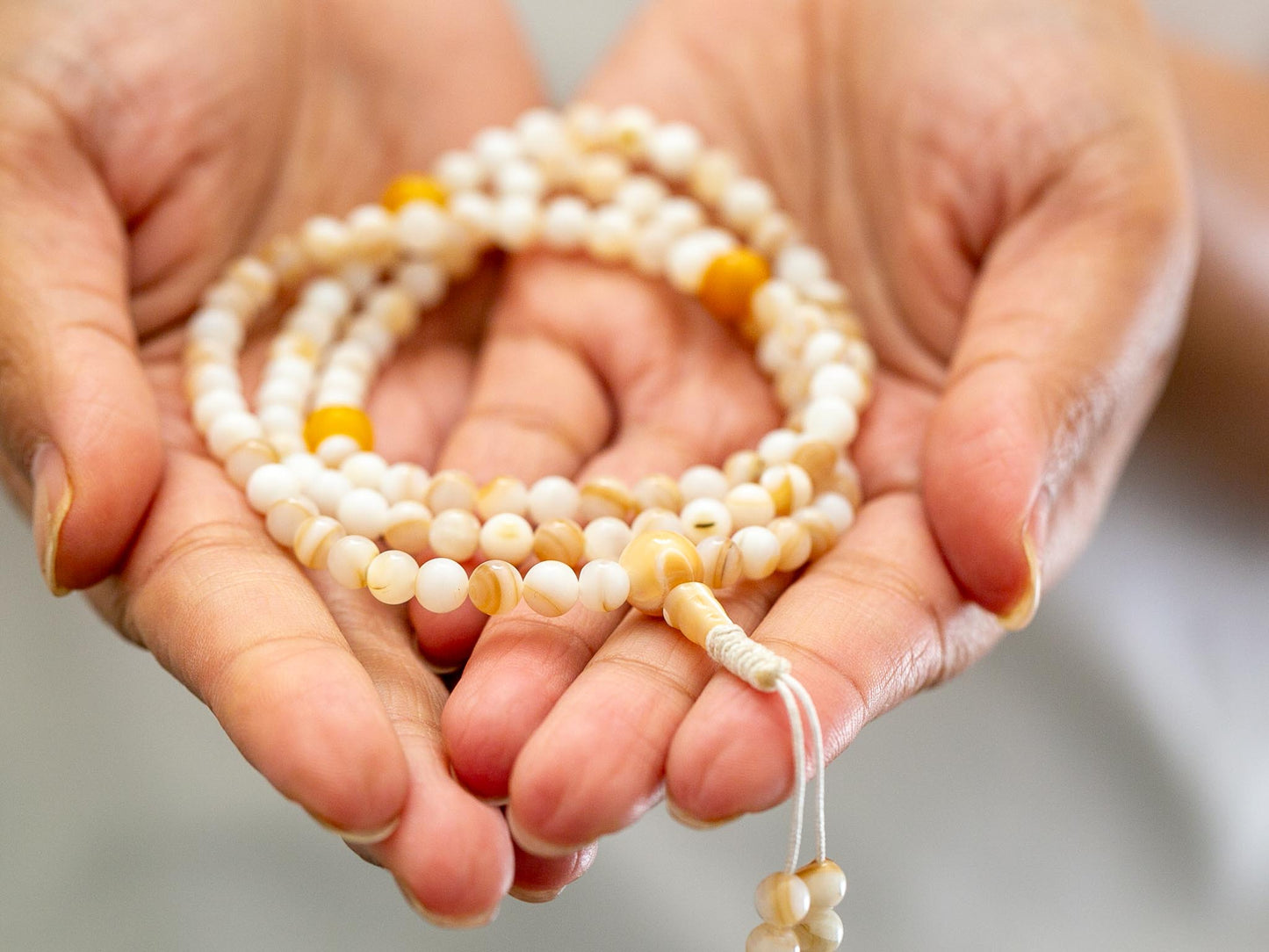 Short Mother of Pearl Mala with Amber Spacers