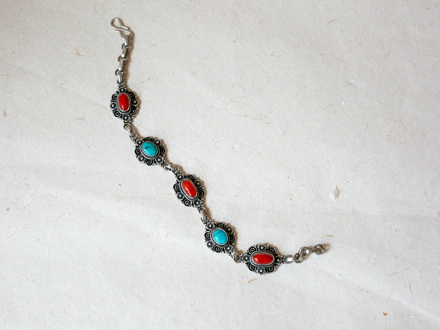 Coral and Turquoise Silver Bracelet