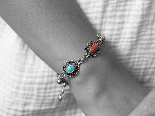 Coral and Turquoise Silver Bracelet