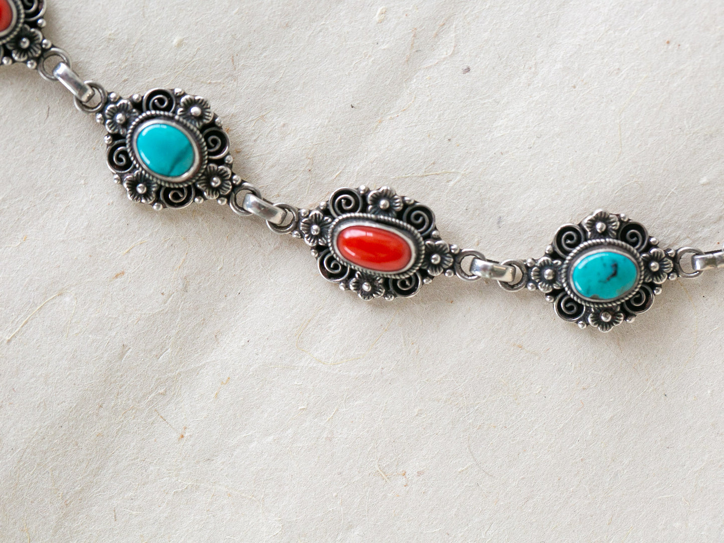 Coral and Turquoise Silver Bracelet