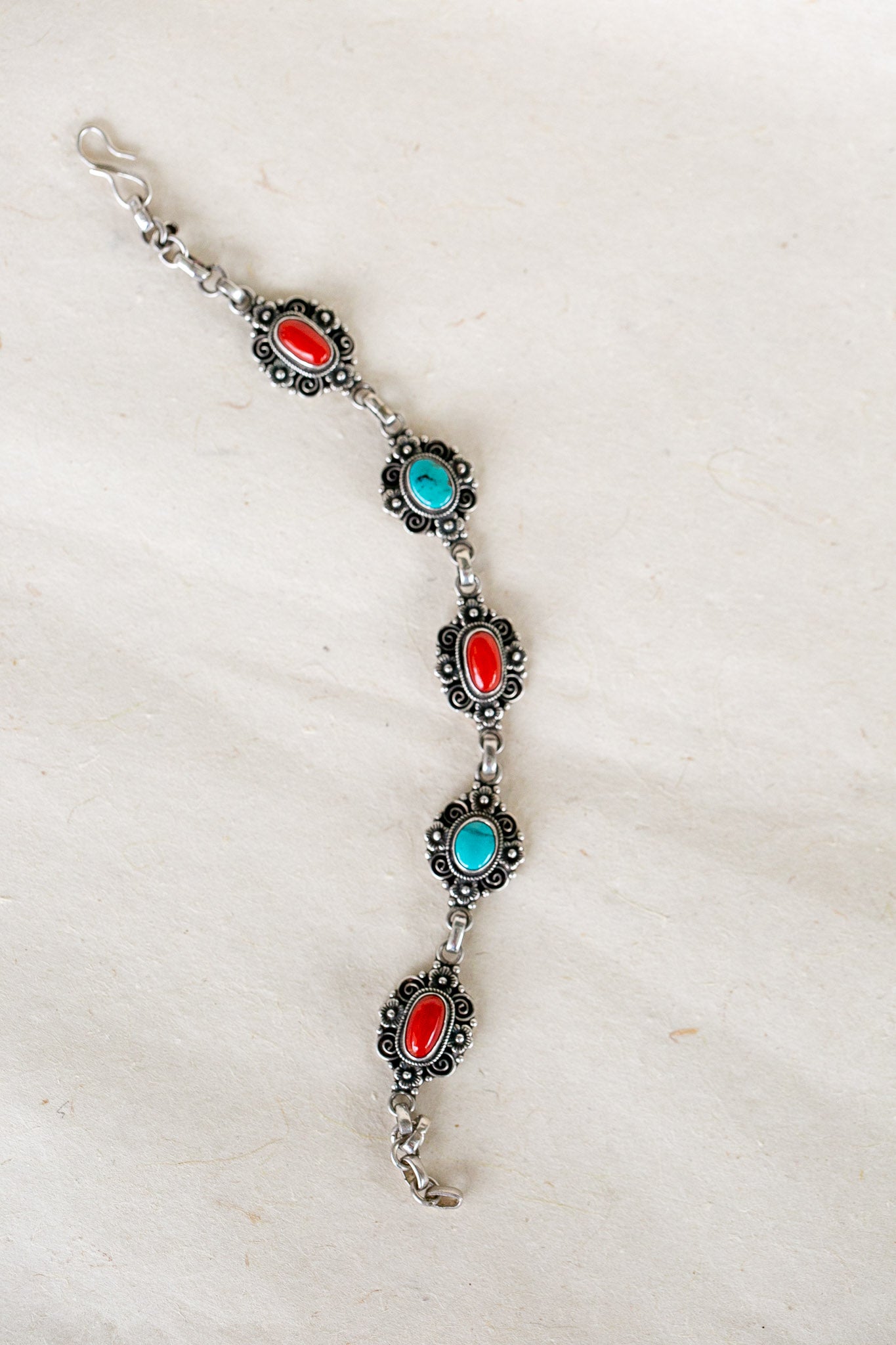 Coral and Turquoise Silver Bracelet