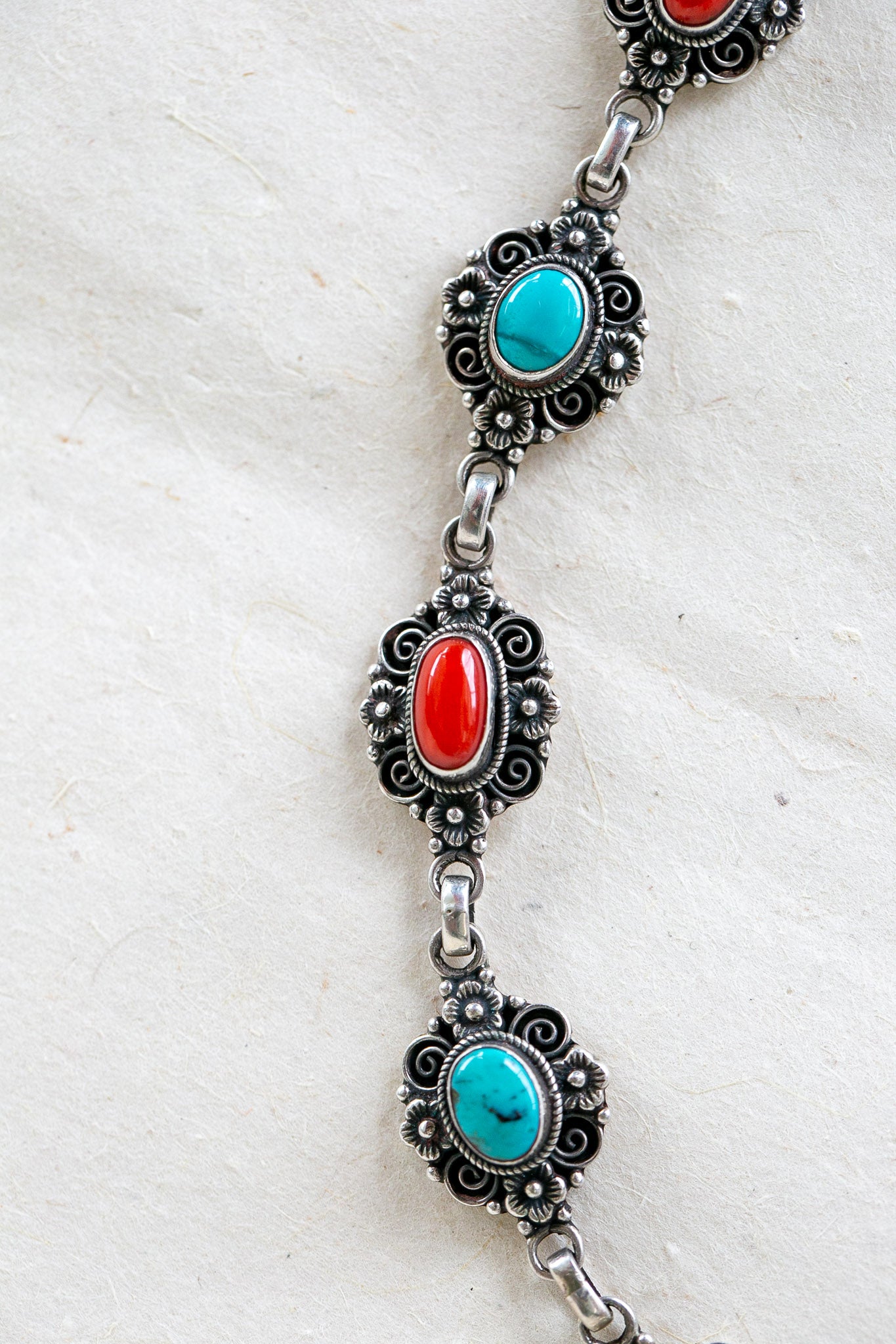Coral and Turquoise Silver Bracelet