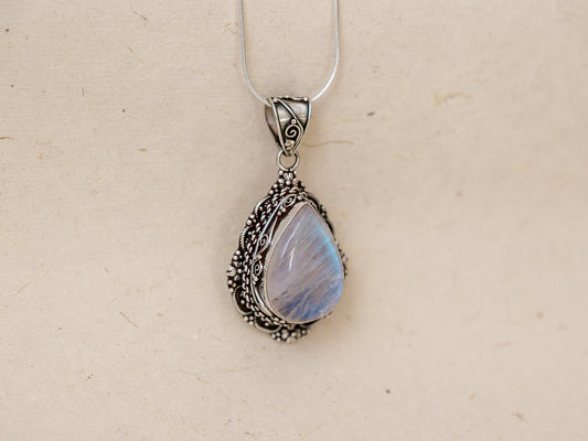 Teardrop Rainbow Moonstone Silver Pendant (large)