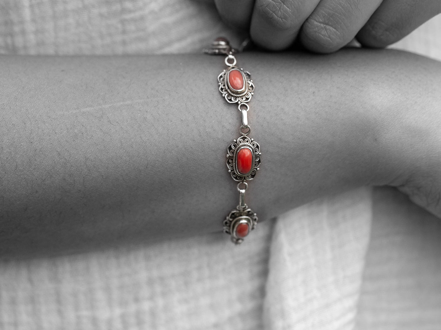 Tibetan Coral and Silver Bracelet