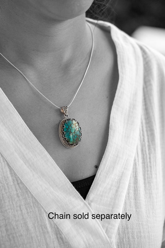 Oval Tibetan Turquoise and Silver Pendant #2