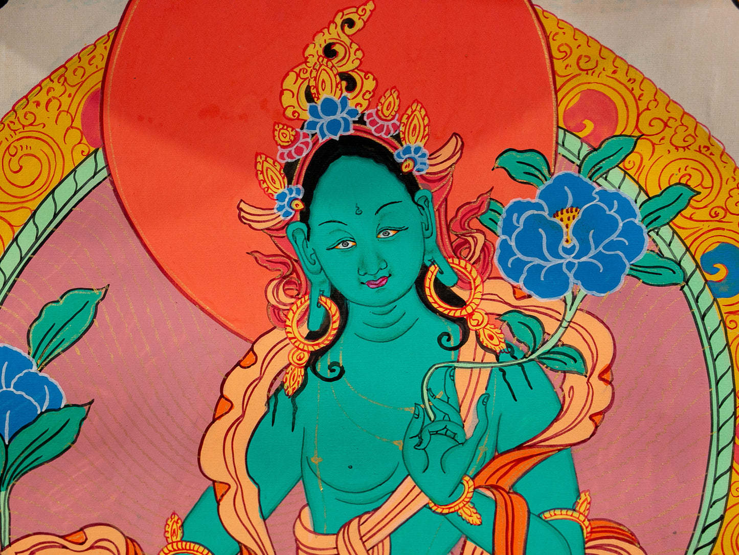 Close up of Green Tara thangka