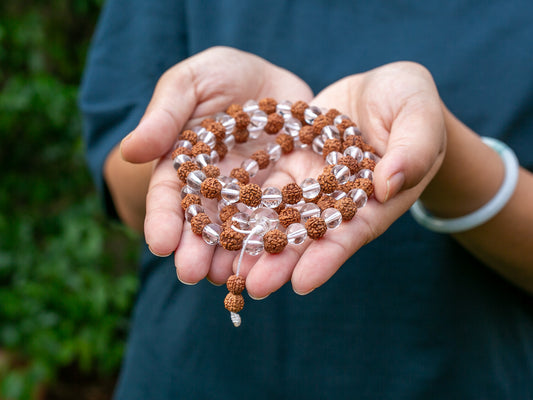 Rudraksha Crystal mala held in hand