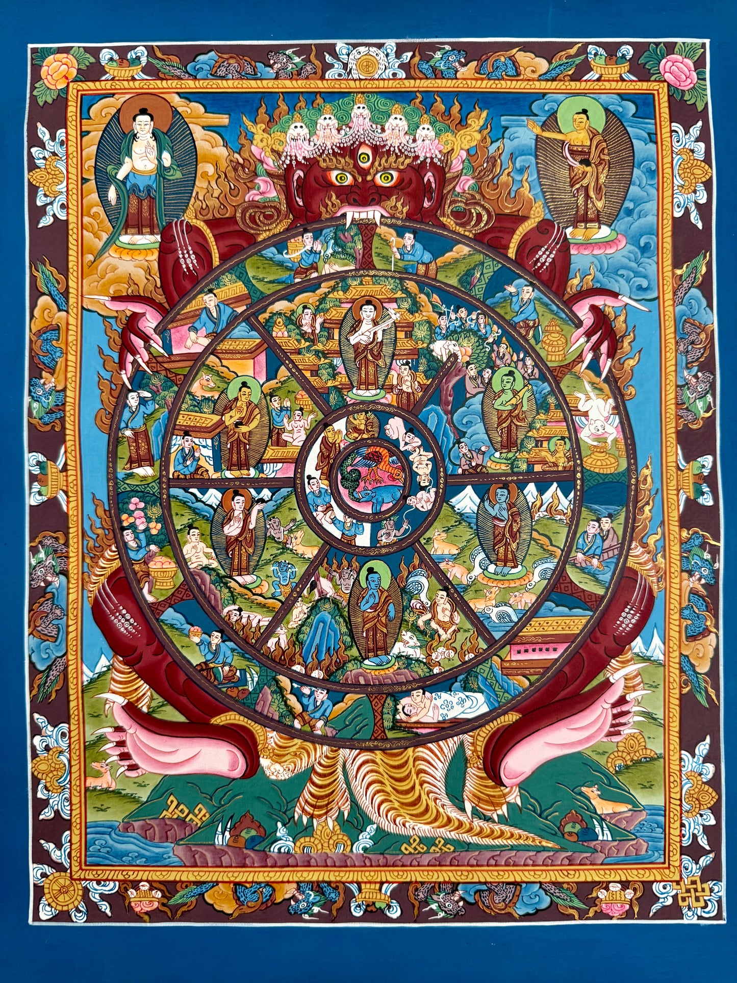 Wheel of Life Thangka - Blue Border