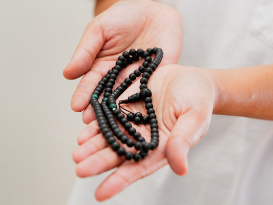 Shungite mala beads held in hand