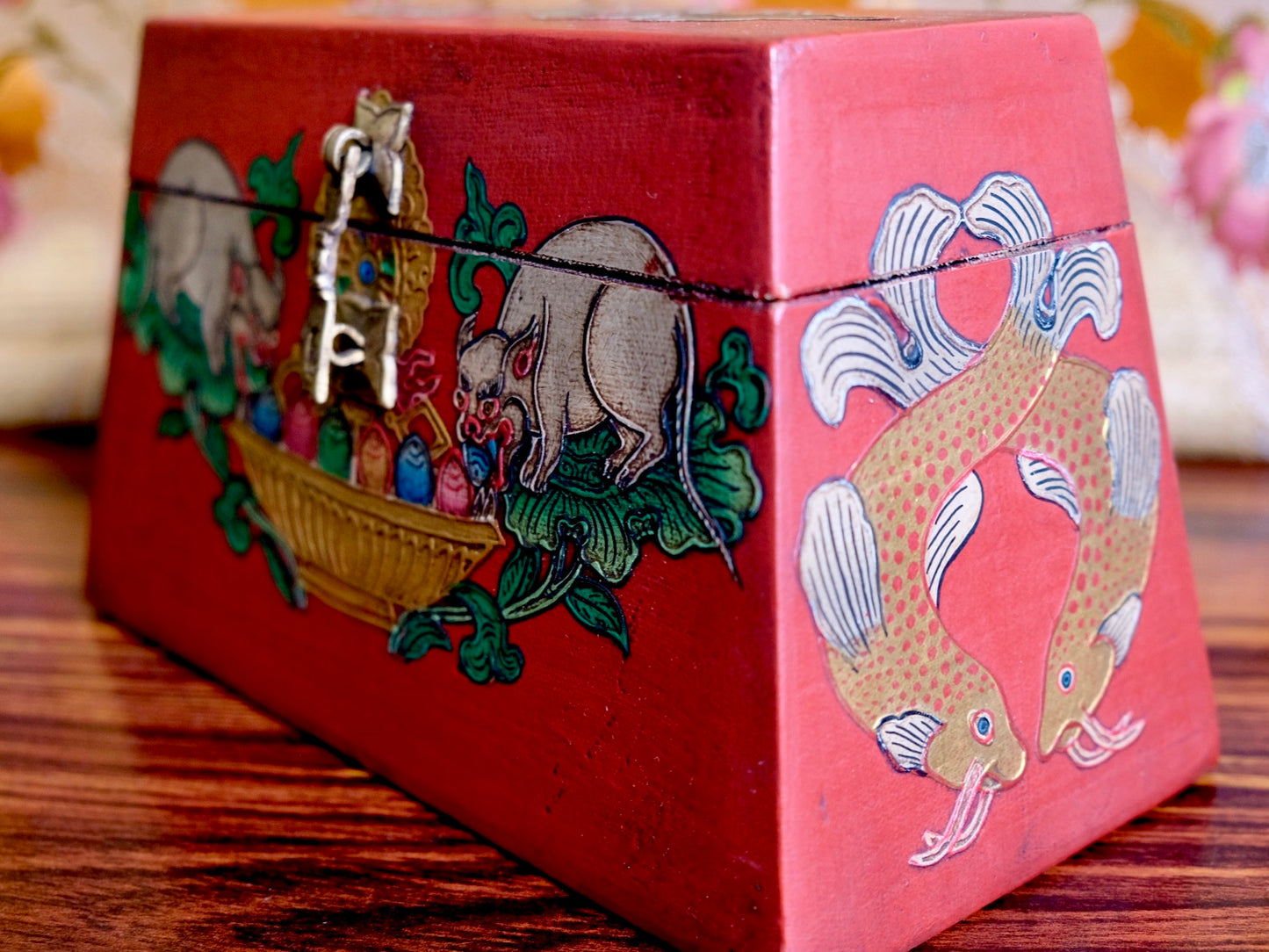 Mongoose and Precious Jewels - Trapezoid Tibetan Chest