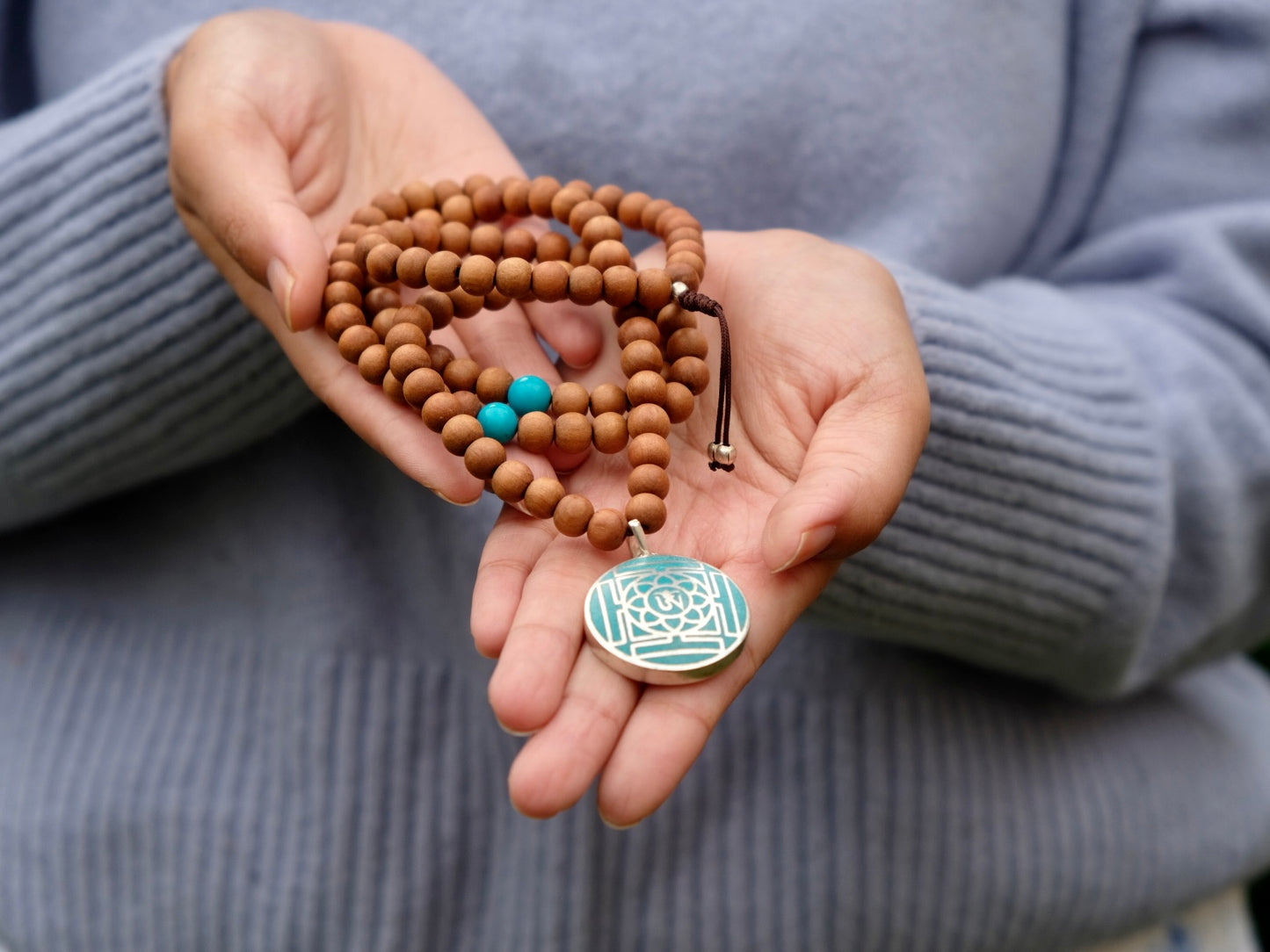 Sandalwood Mala with Turquoise and Mandala Charm