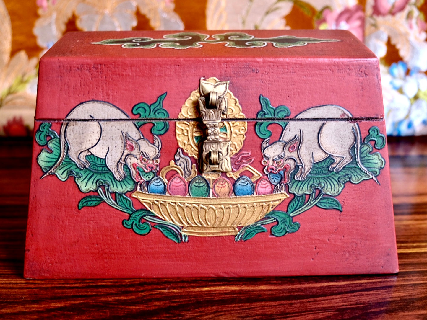 Mongoose and Precious Jewels - Trapezoid Tibetan Chest