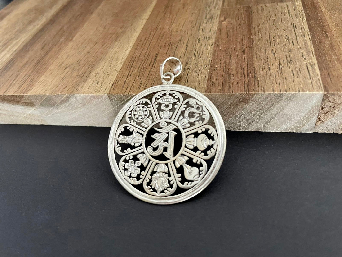 Om and 8 Auspicious Symbols Silver Pendant