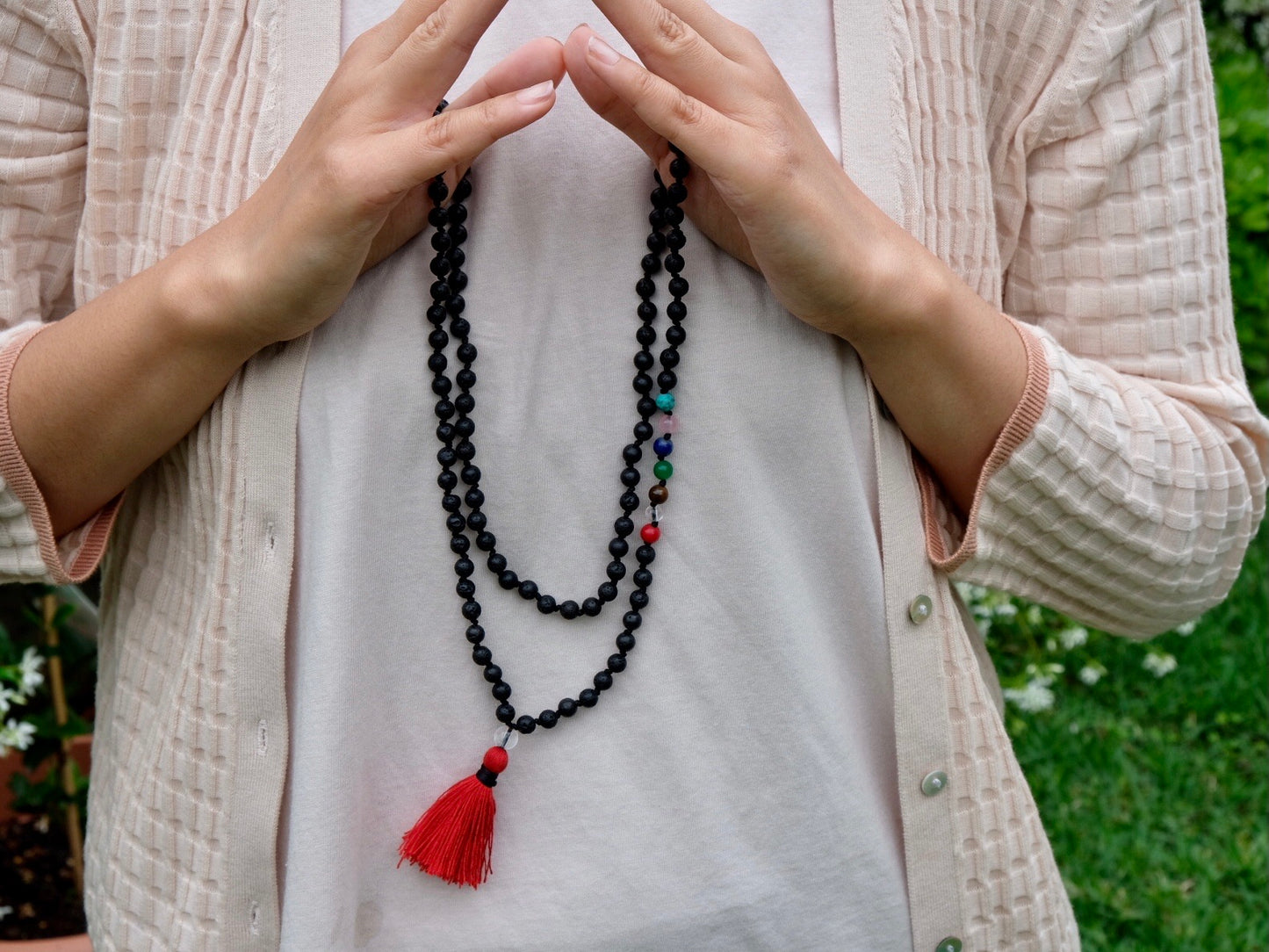 108 bead Knotted Chakra and Lavastone Mala
