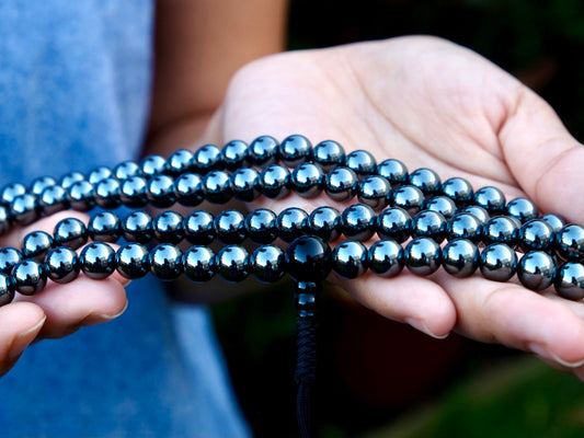 deep black and lustrous hematite mala beads