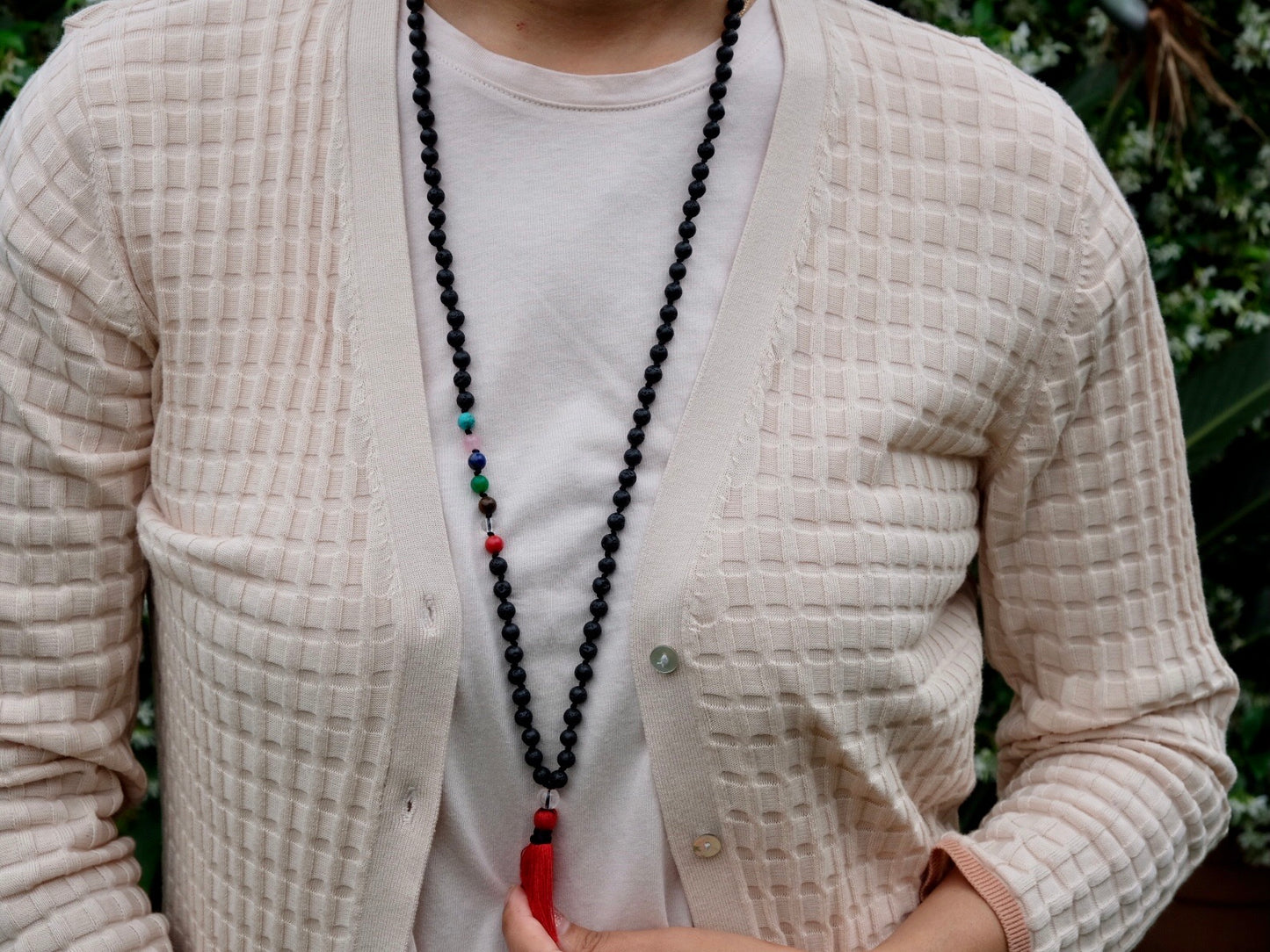 108 bead Knotted Chakra and Lavastone Mala