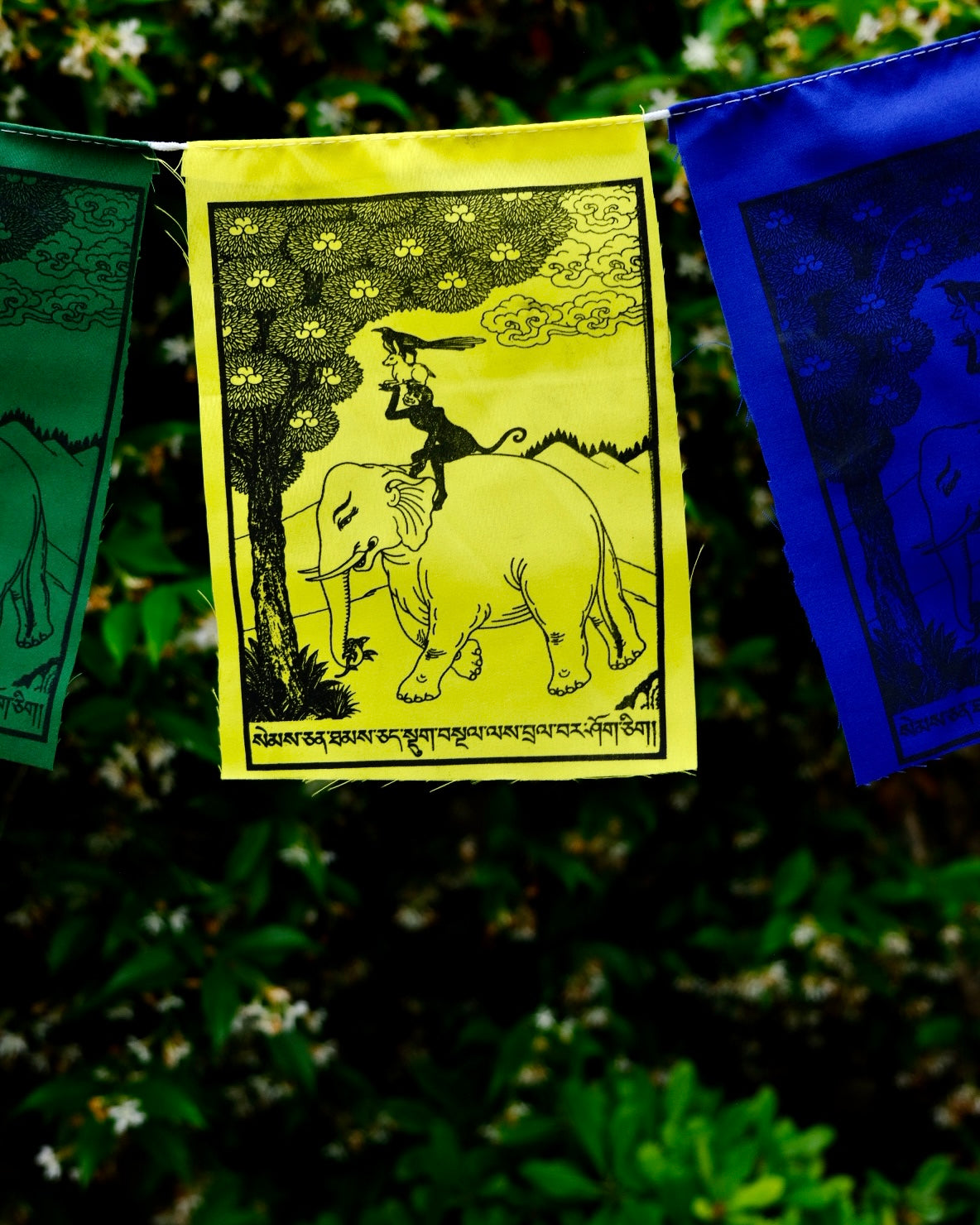 Close up of detail in four harmonious friends prayer flag
