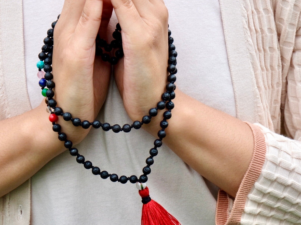 108 bead Knotted Chakra and Lavastone Mala