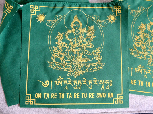 Green Tara and Mantra Prayer Flag (NEW) - 2 metres long