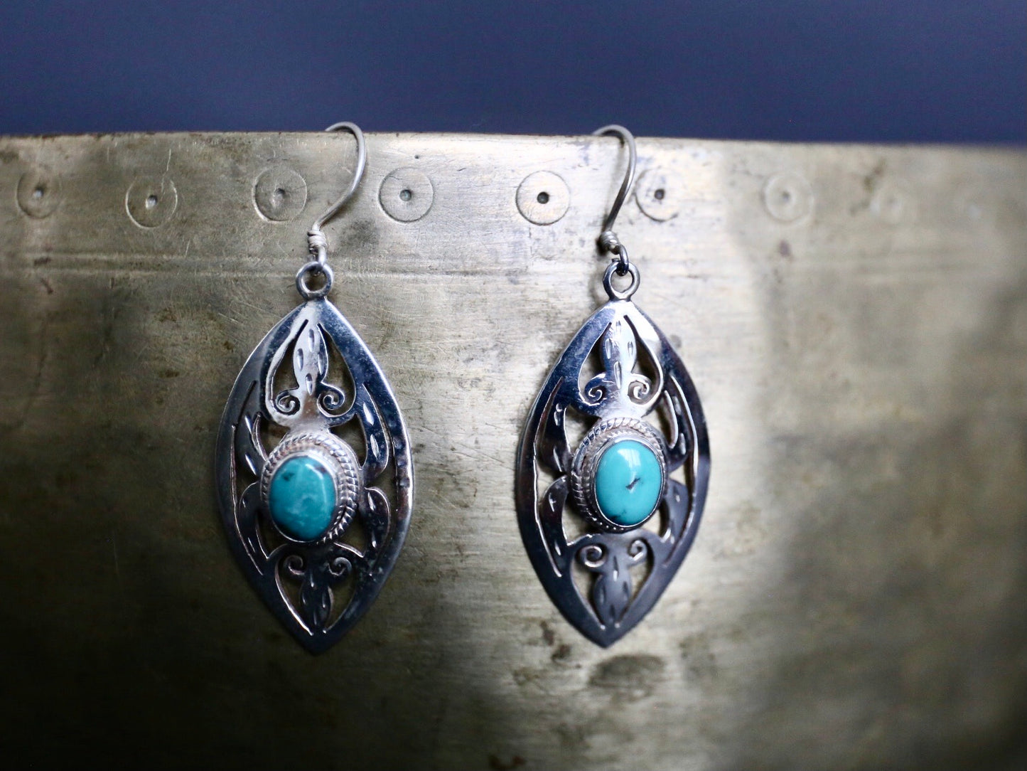 Sterling Silver and turquoise Tibetan earring closeup photo
