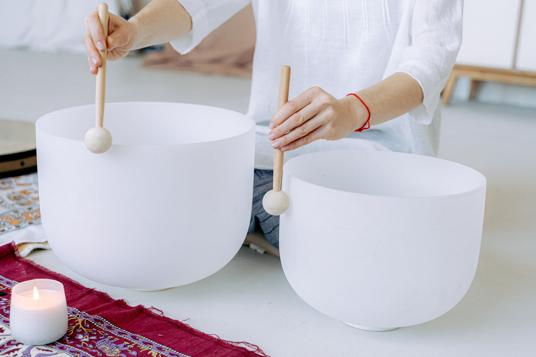 Quartz singing bowls being played