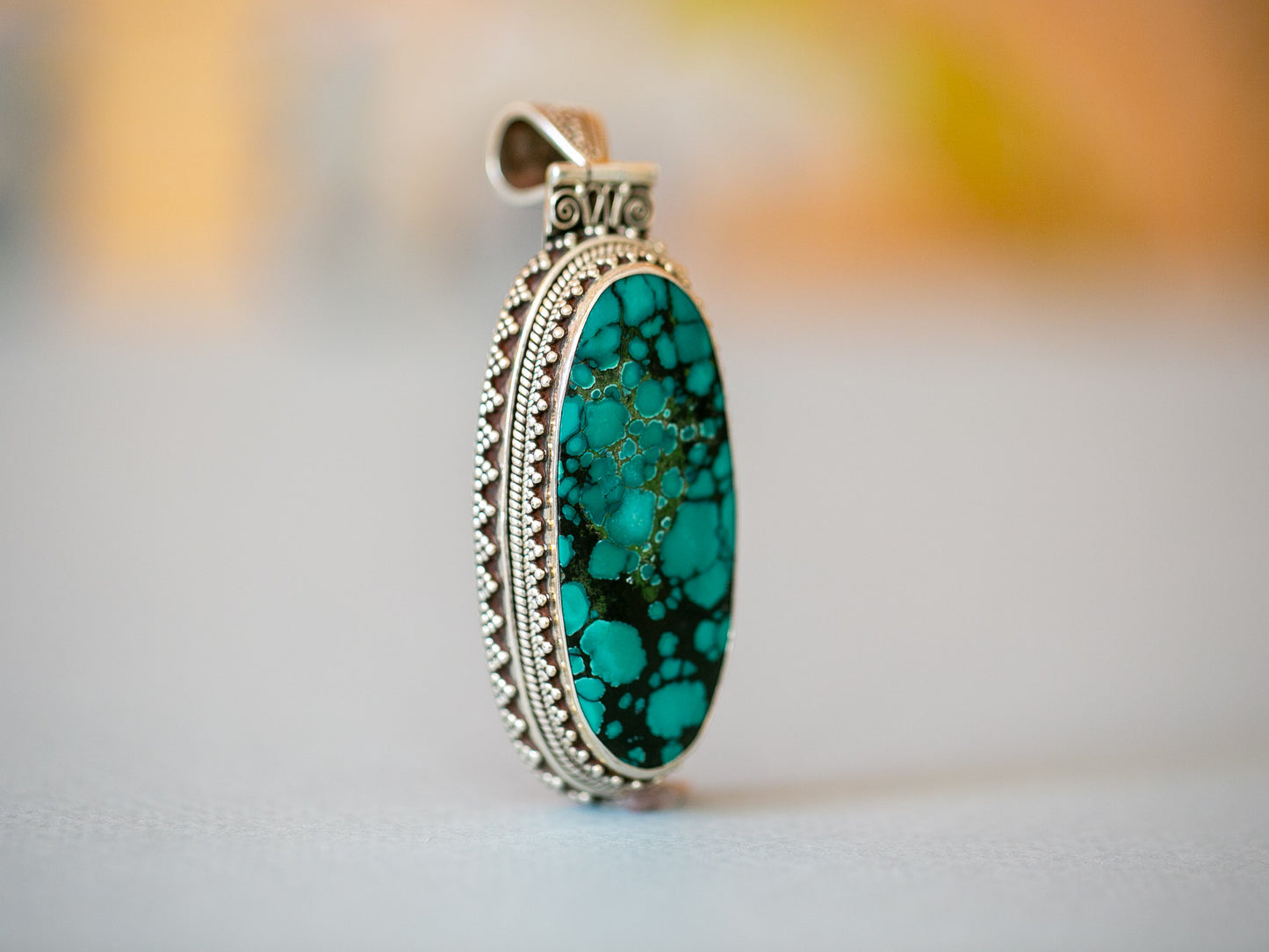 Long Turquoise Silver Pendant