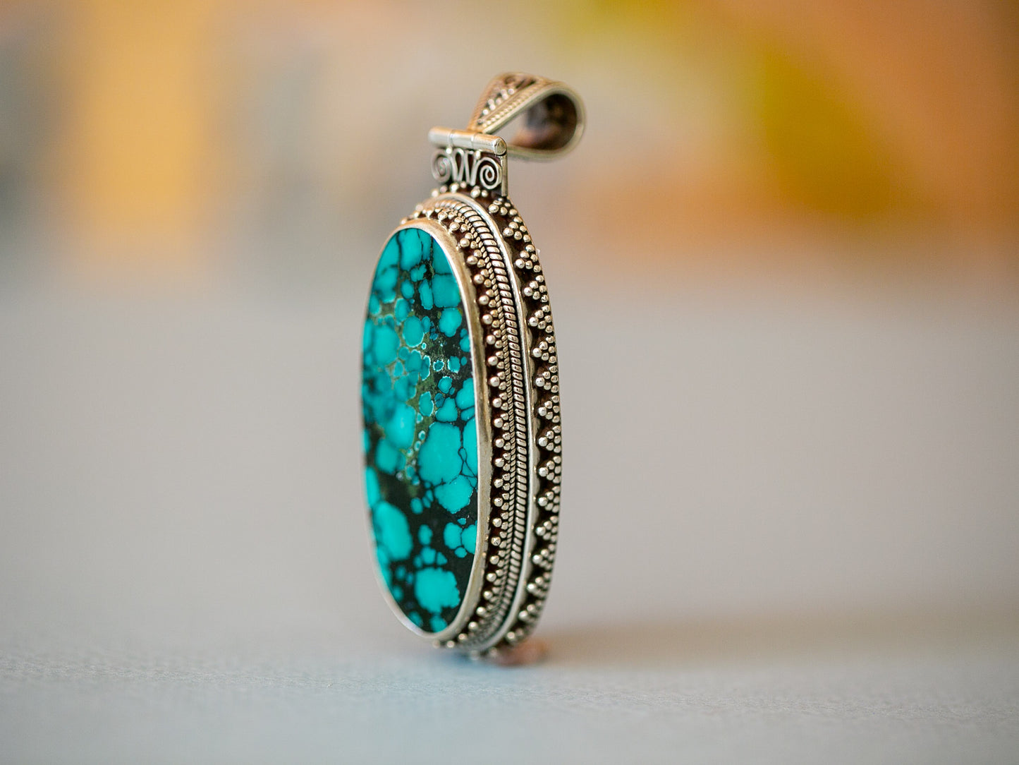 Long Turquoise Silver Pendant