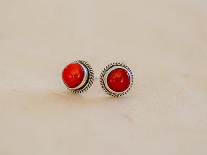 Coral and Sterling Silver Top Earrings