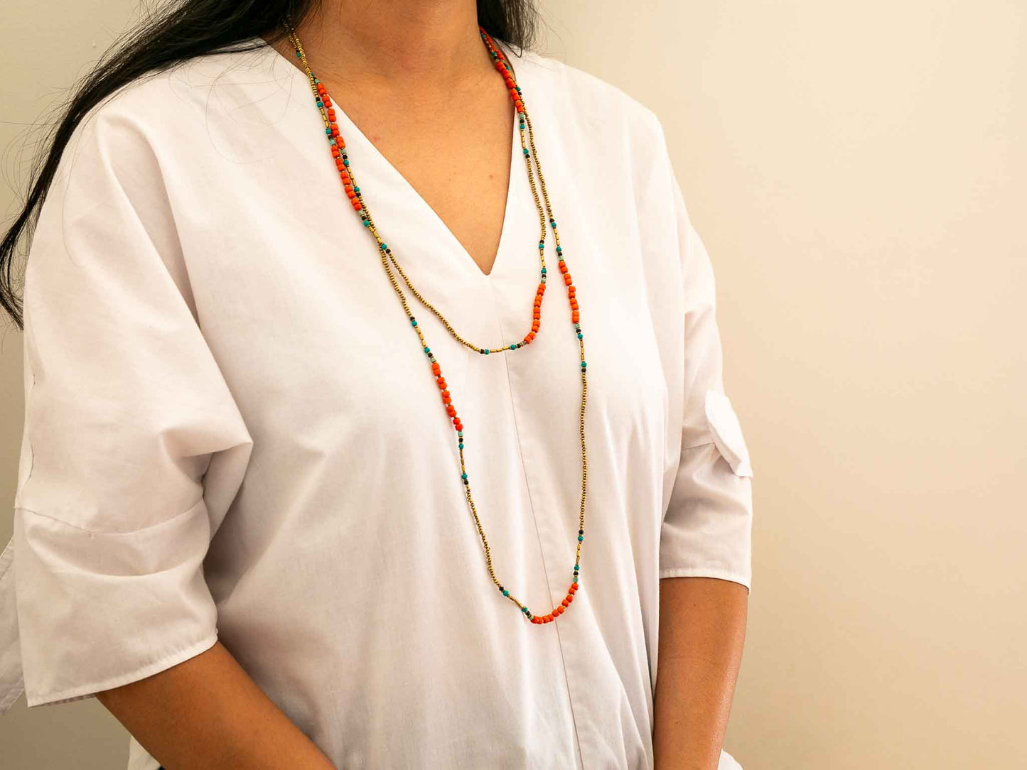 Extra Long Coral and Gold Wrap Necklace