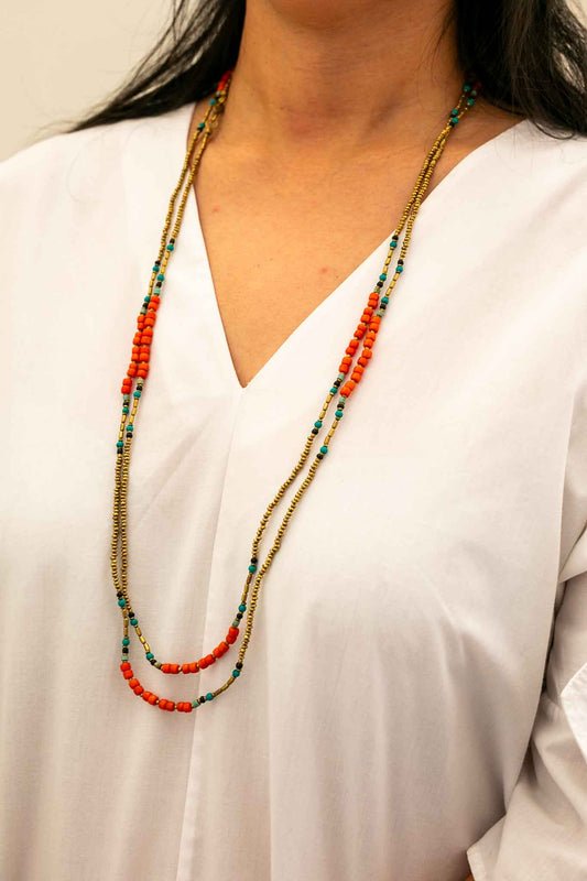 Extra Long Coral and Gold Wrap Necklace