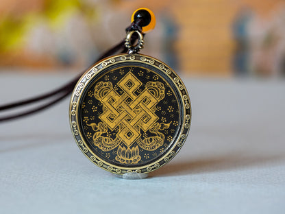 Black Gold Endless Knots Thangka Pendant