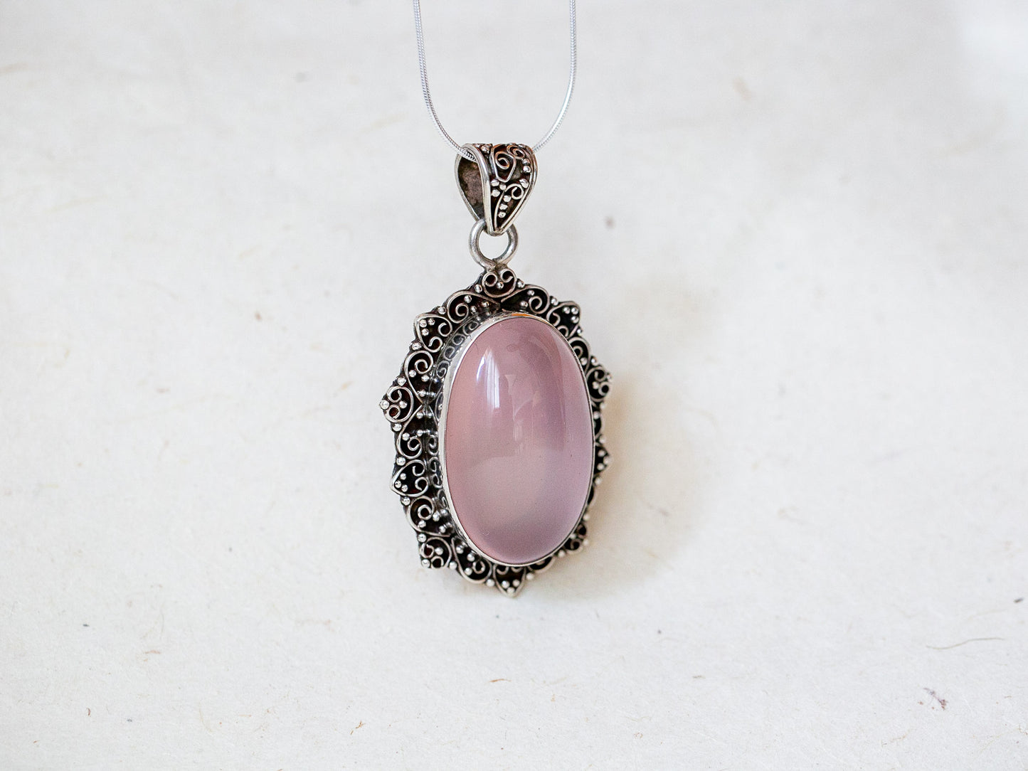 Rose Quartz & Silver Flower Pendant (large)