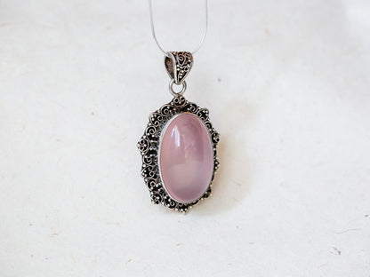 Rose Quartz & Silver Flower Pendant (large)