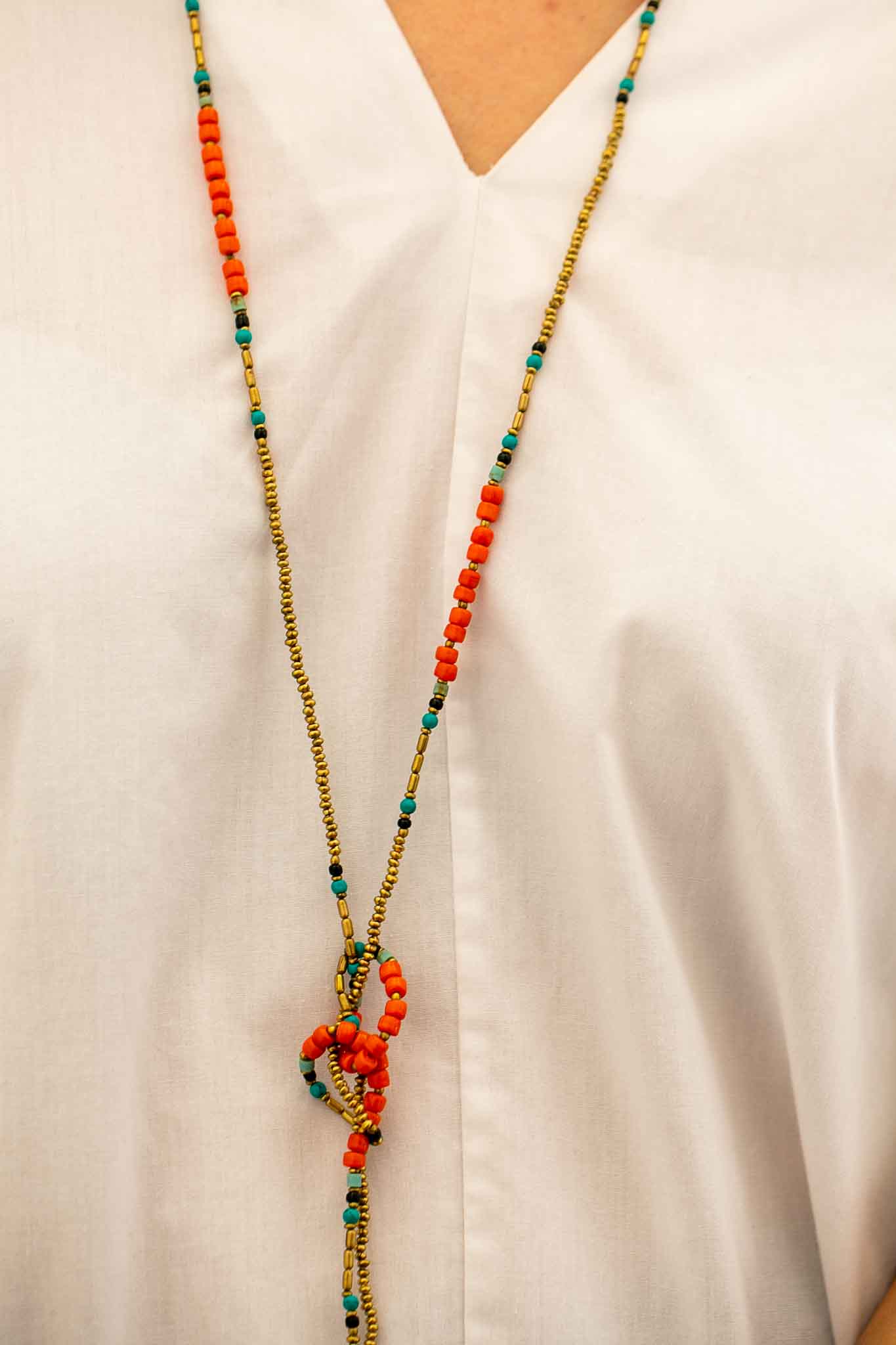 Extra Long Coral and Gold Wrap Necklace