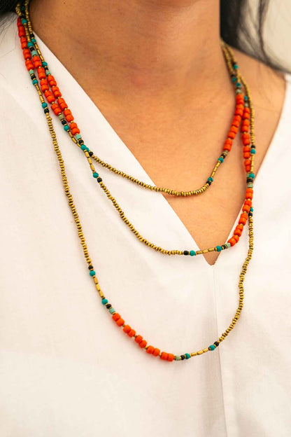 Extra Long Coral and Gold Wrap Necklace