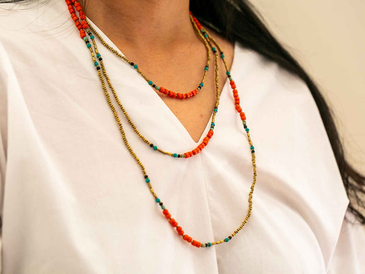 Extra Long Coral and Gold Wrap Necklace