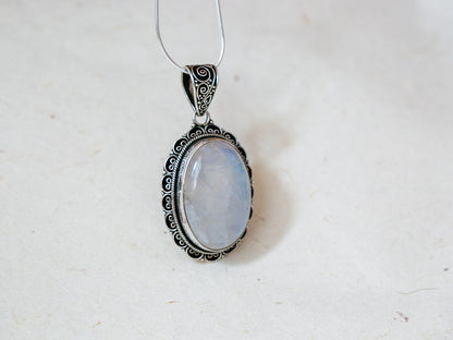 Rainbow Moonstone Silver Flower Pendant (large)