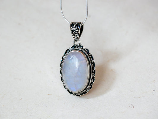 Rainbow Moonstone Silver Flower Pendant (large)