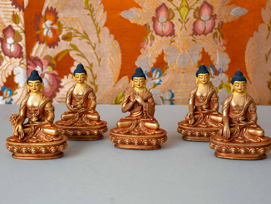 4” Gold Plated 5 Dhyani Buddhas Statue