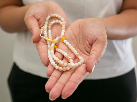 Short Mother of Pearl Mala with Amber Spacers