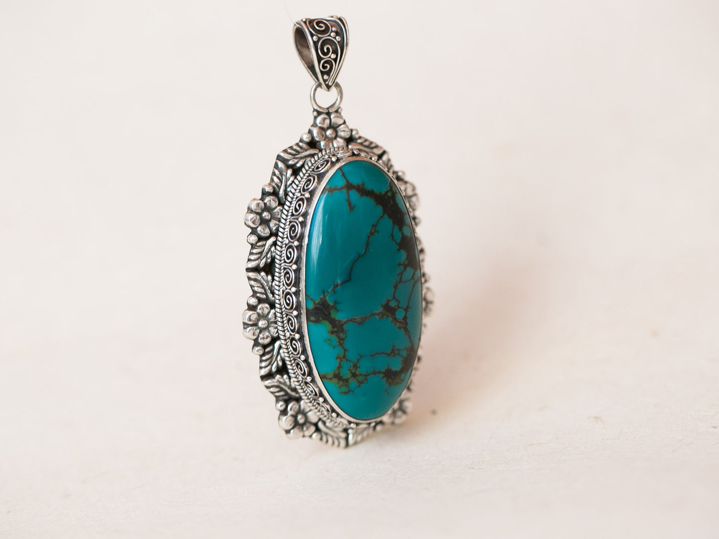 Long Tibetan Turquoise Silver Pendant