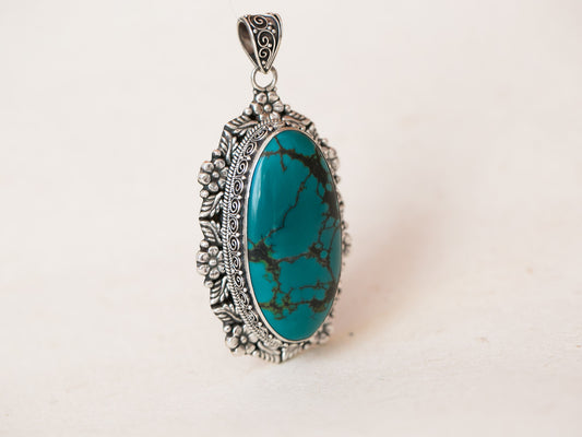 Long Tibetan Turquoise Silver Pendant