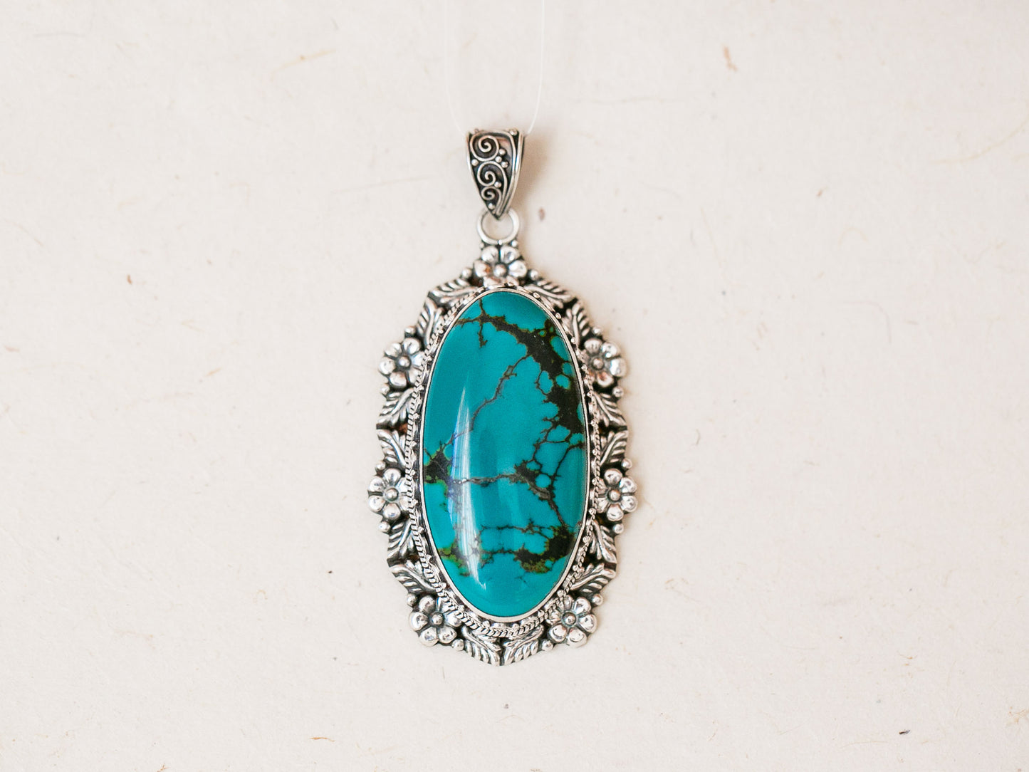 Long Tibetan Turquoise Silver Pendant