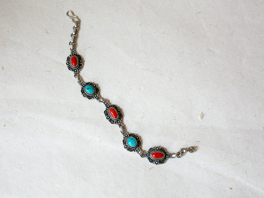 Coral and Turquoise Silver Bracelet