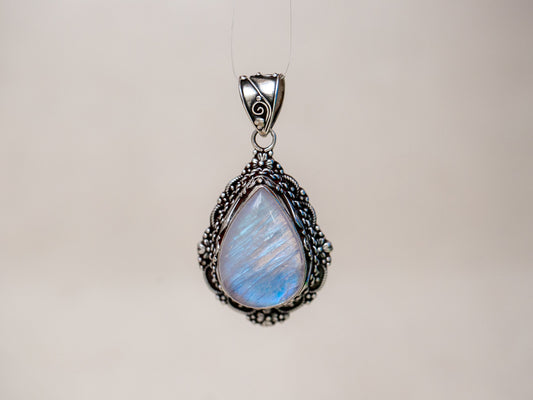Teardrop Rainbow Moonstone Silver Pendant (large)