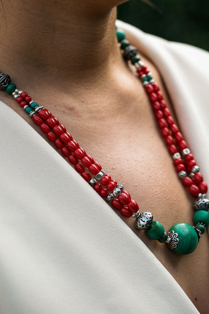 Turquoise and Coral Necklace in Tibetan Design